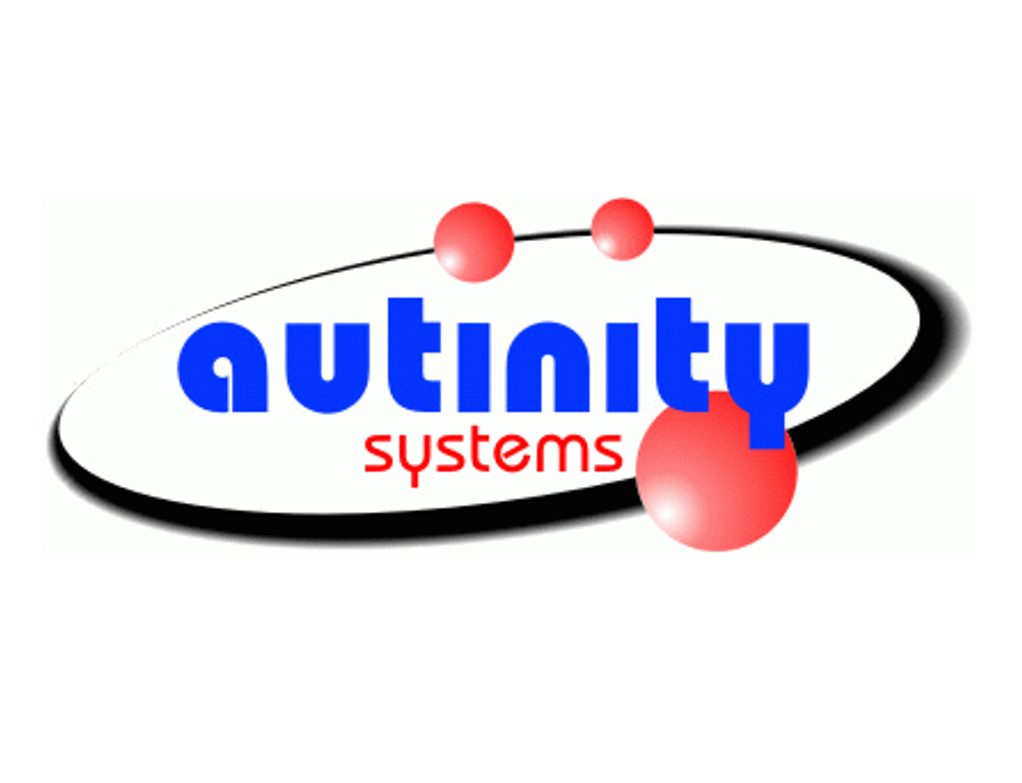 Logo von Autinity Systems mit blauem Text und roten Planeten, die sich um autinity bewegen.